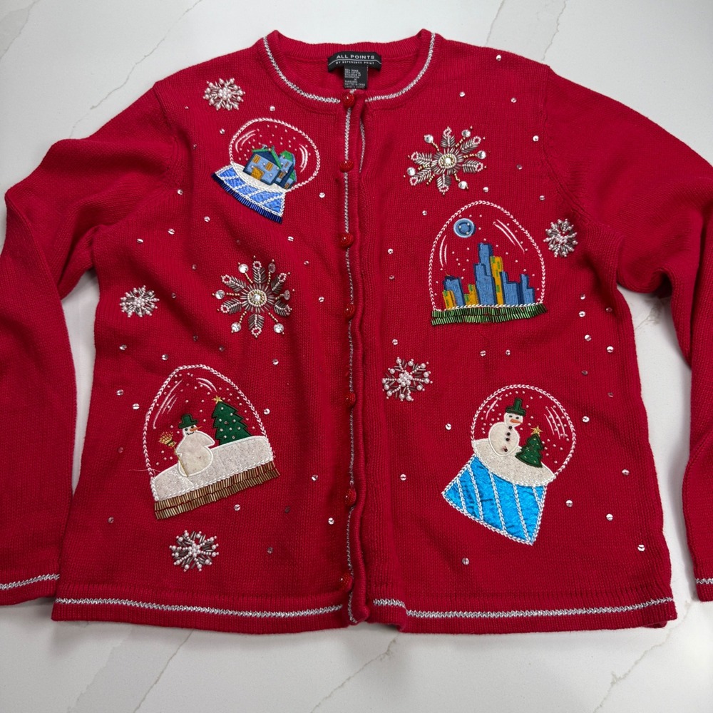 All Points Christmas Snow Globes Cardigan Sweater Womens M‎ Red Beaded Sequins